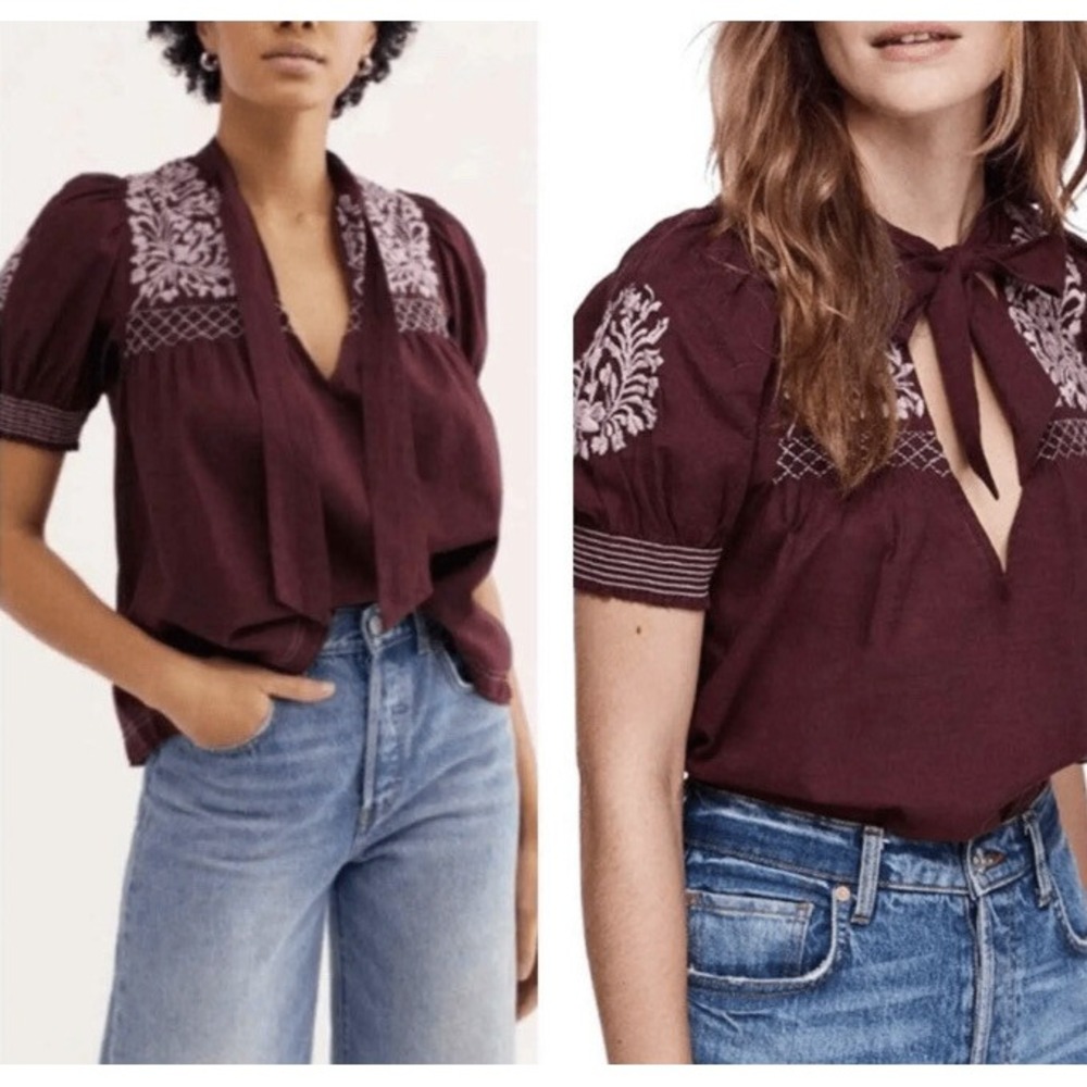 Free People Dreaming About You Embroidered Pullover Top Purple M LJB11312